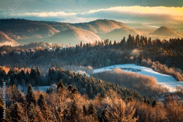 Piękne góry porośnięte lasem w delikatnej porannej mgle oświetlonej światłem wschodzącego słońca, Bieszczady, Polska