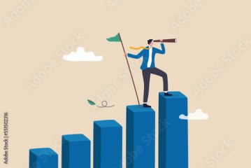 Vision to see next goal, motivation to success, forecast and business prediction, challenge to be better and achieve success concept, confidence businessman step on rise up graph look for next goal.