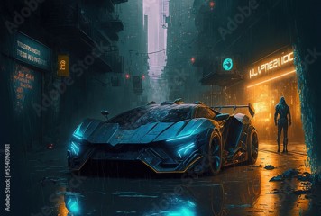 Super Exotic Car in a Cyberpunk Future City. Fanciful Background Realistic Concept Art Video Game History Electronic Painting Scenery Artwork CG Artwork Book of Serious Painting. Generative AI