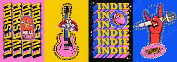 Live indie music show or rock music concert or party poster set with electric guitar and devil horn hand gesture and bright colored typography composition. Vector illustration