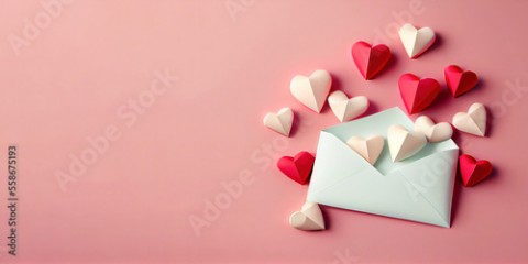 love letter envelope with paper craft hearts - flat lay on pink valentines or anniversary background with copy space