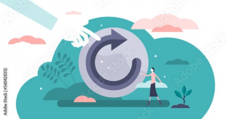 Refresh concept, flat tiny person illustration, transparent background. Restart project with a new vision or rework the strategy. Renew life goals and direction.