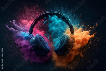 Headphone and vivid color powder. Creative music and festival concept. Generative Ai. 