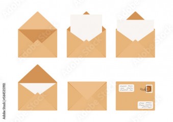 Craft envelopes with letter closed, open, with postage stamp vector clip art collection. Folded and unfolded brown kraft paper envelope illustration set isolated on a white background.