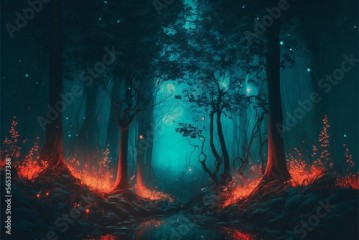 Gloomy fantasy forest scene at night with glowing light, Fantasy forest, Fairy tale. Created using generative AI tools.