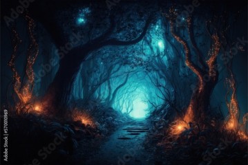 Fantasy and fairytale magical forest with purple and cyan light lighting pathway. Digital painting landscape, generative by AI
