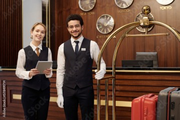 Happy young elegant receptionist and bellboy standing in lounge of luxurious hotel and looking at camera while waiting for new guests