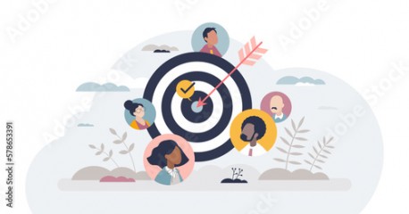 Target customer group and marketing activity audience tiny person concept, transparent background. Advertising project with precise communication and social focus accuracy illustration.
