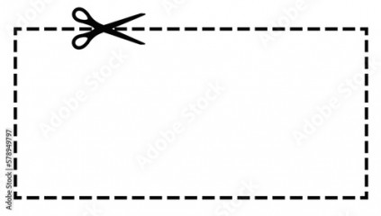 Scissors cut coupon on dotted line with dash icon. Shear trim square rectangular shape coupon or kids cutting practice page along the guide line with dash or dot border. Vector flat illustation.