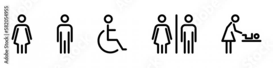 Vector toilet line icon set. Editable stroke. Bathroom for men, women, mothers with baby and handicap. Collection of restroom signs. Toilet for male, female, parents with child and disabled. WC.