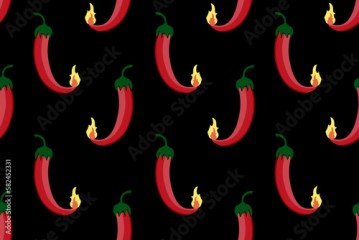 Seamless pattern with red hot chili peppers with flame on black background. Kitchen wallpaper.