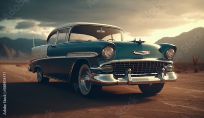 A classic old car driving down a desert road. Based on Generative Ai.