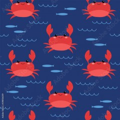 Cute kawaii summer sea animals crab and fish seamless pattern. Vector illustration of kids cartoon characters. Design element for cards, posters, banners, summer design for print, design for fabric
