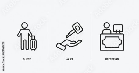 hotel and restaurant outline icons set. hotel and restaurant icons such as guest, valet, reception vector. can be used web and mobile.