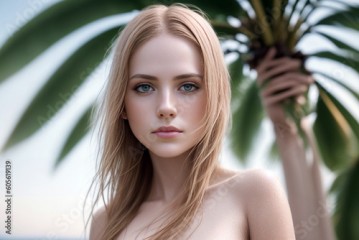 Beautiful woman with bare breast in the tropics under the palm trees. Generative AI