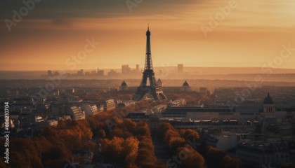 Panoramic sunset skyline illuminates famous city landmarks generated by AI
