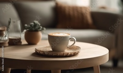  a cup of coffee sitting on top of a wooden table next to a couch and a potted plant on top of a wooden table. generative ai