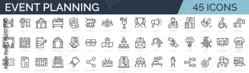 Set of 45 outline icons related to event planning, organisation. Linear icon collection. Editable stroke. Vector illustration
