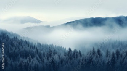 Amazing mystical rising fog sky forest snow snowy trees landscape snowscape in black forest ( Schwarzwald ) winter, Germany panorama banner - mystical snow mood, Generative Ai
