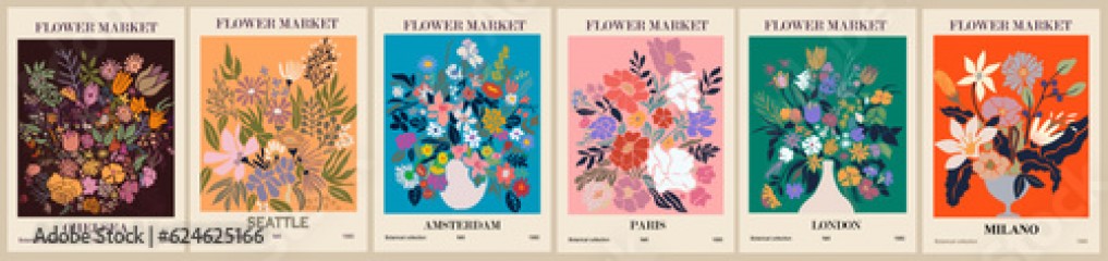 Set of abstract Flower Market posters. Trendy botanical wall arts with floral design in bright colors. Modern naive groovy funky interior decorations, paintings. Vector art illustration.