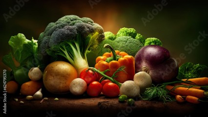 Bright ripe vegetables on a dark background. Side light. Horizontal image. 