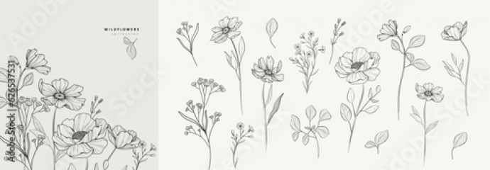 Floral branch and minimalist flowers for logo or tattoo. Hand drawn line wedding herb, elegant leaves