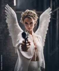 Kobieta Anioł śmierci, z pistoletem piękne włosy i skrzydła anielskie, trzymająca broń