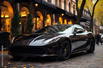 Futuristic sports super concept car on the street of a European city, street racing on expensive exclusive luxury auto