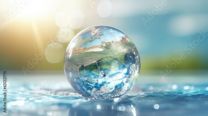 Transparent crystal sphere filled with sunlight on a water surface. Glass globe with outlines of continents, symbolizing Earth. Protection of water resources concept. Environmental care. 3D rendering.