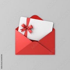 Blank white gift card with red ribbon bow or gift voucher in open red envelope isolated on white grey background with shadow minimal concept 3D rendering