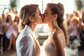Happy satisfied beautiful lesbian couple kissing at lgbt wedding ceremony