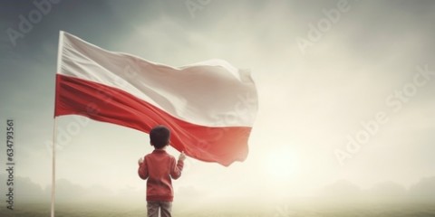 Little boy looking at Poland flag. Poland independence day. Polish kid