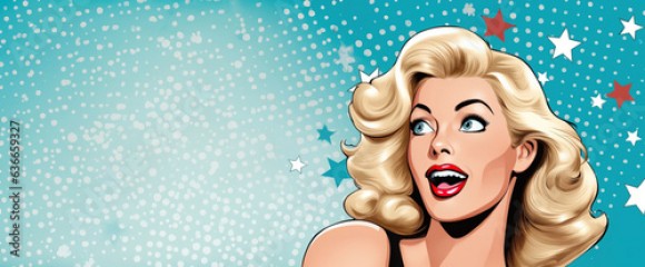 Beautiful young blonde woman in retro pop art comic style, copy space. Created using generative AI technology.