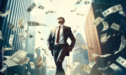 Businessman running with a lot money on the street. achievement or success concepts. Generative AI