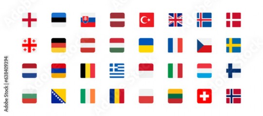 European flags icon. Europe countries set signs. Nation symbol. Banner of France, Germany, Austria, and other symbols. Square form icons. Vector isolated sign.