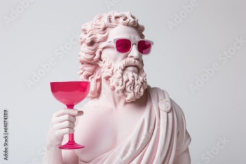 Greek bust of the god Dionysus wearing rose-colored glasses with a pink goblet on a white background.