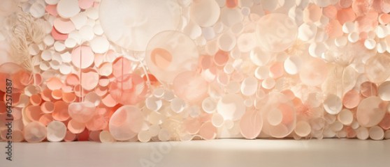 Abstrakcyjne tło - ściana lub oświetlona scena z balonów i dekoracji. Jasne, pastelowe, brzoskwiniowe odcienie. Miejsce do prezentacji produktu