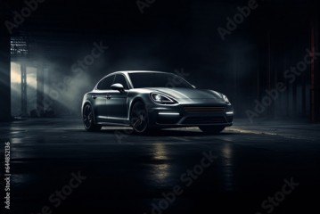 Luxury expensive car parked on dark background. Sport and modern luxury design gray car. Shiny clean lines and detailed front view of modern automotive. Automotive advertising banner.