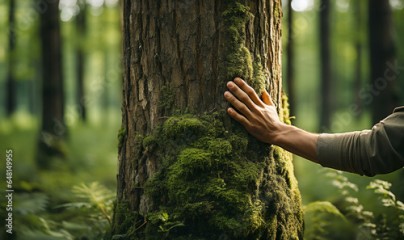 Man hand touch the tree trunk. Bark wood.Caring for the environment. The ecology the concept of saving the world and love nature by human. Ecology and energy forest nature copy space
