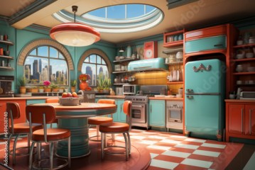 Interior of spacious pop art inspired light kitchen with pop art furniture and pop art portrait in light apartment