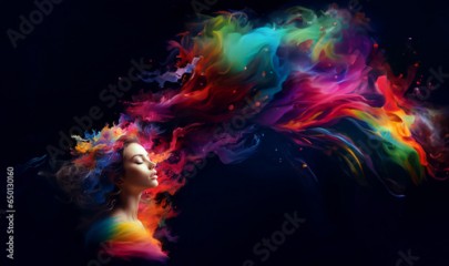 Beautiful fantasy abstract portrait of young woman With colorful digital paint splashes on empty space for text.