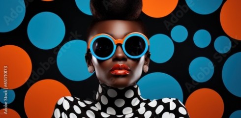 Fashion-forward young black woman posing against a vibrant pop art background. Her stylish sunglasses and attire resonate with the groovy vibes of the 60s-70s disco club era.