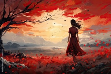 Piękna anime dziewczyna spaceruje po polanie pełnej kwiatów i płatków latających w powietrzu. 
