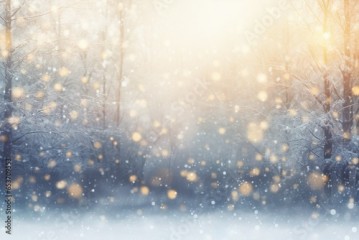 Abstract magic winter landscape with snow and golden bokeh lights - Banner, Panorama