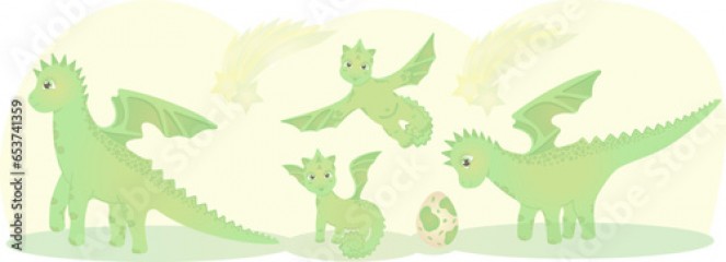 Cute dragon and dinosaur characters, dragon family, cartoon characters vector illustration, eps 10
