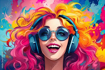 Beautiful young woman with colourful hair in headphones, Happy young woman is listening to music in headphones and sings, colorful background in pop art retro comic style, 