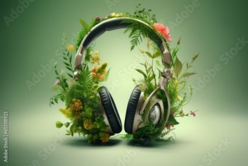 Tropical nature music headphones garden. Chair smile. Generate Ai