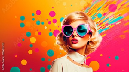 Fashion retro young woman on background with circle art