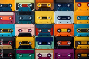 Retro cassette tapes places in a grid