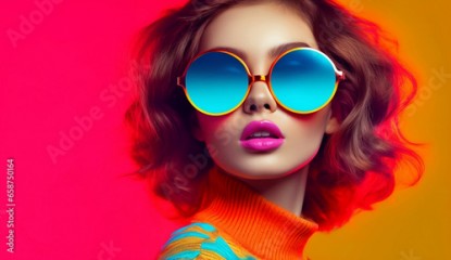Portrait of a retro pop art fashion woman with colorful sunglasses